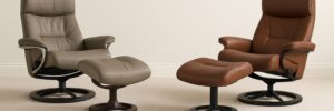 Stressless Wing recliner and Fjords leather recliner in Scandinavian living room – Double Norwegian Savings at Harrison’s Design + Furniture.